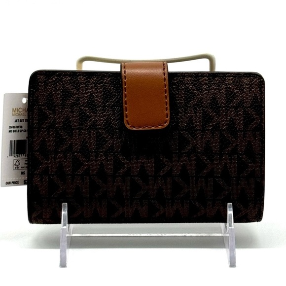 Michael Kors Medium Jet Set Travel Zip Chain Bifold Wallet - Brown Signature - Picture 5 of 7